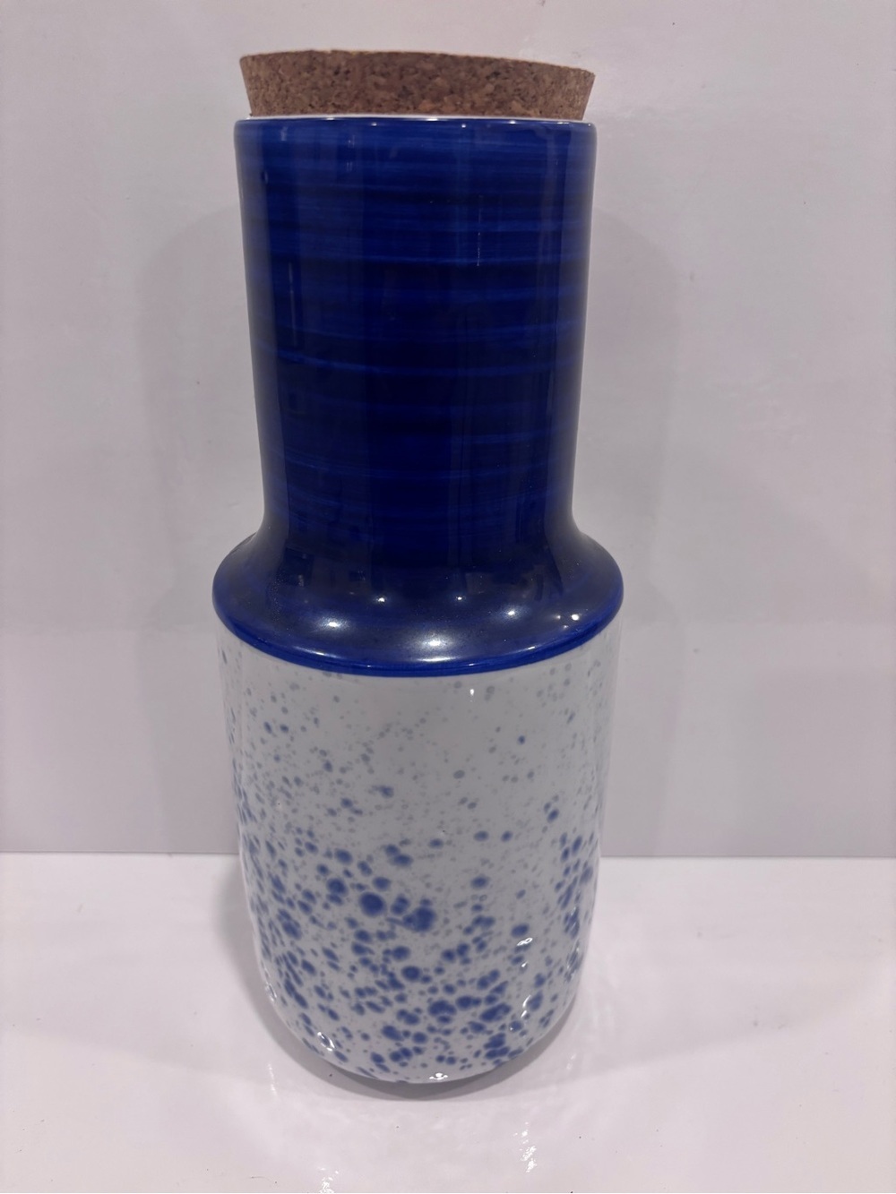 CMH handmade Portugal pottery canister cork lid blue &white splatter jar 12”